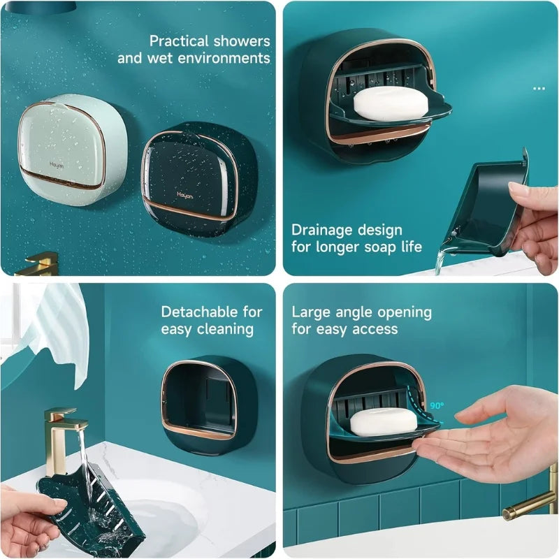 Dark Green | Self-Adhesive Wall-Mounted Luxury Soap Holder with Lid and Drainage Tray